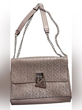 GUESS Metallic Taupe Logo Chain-Trim Shoulder Bag